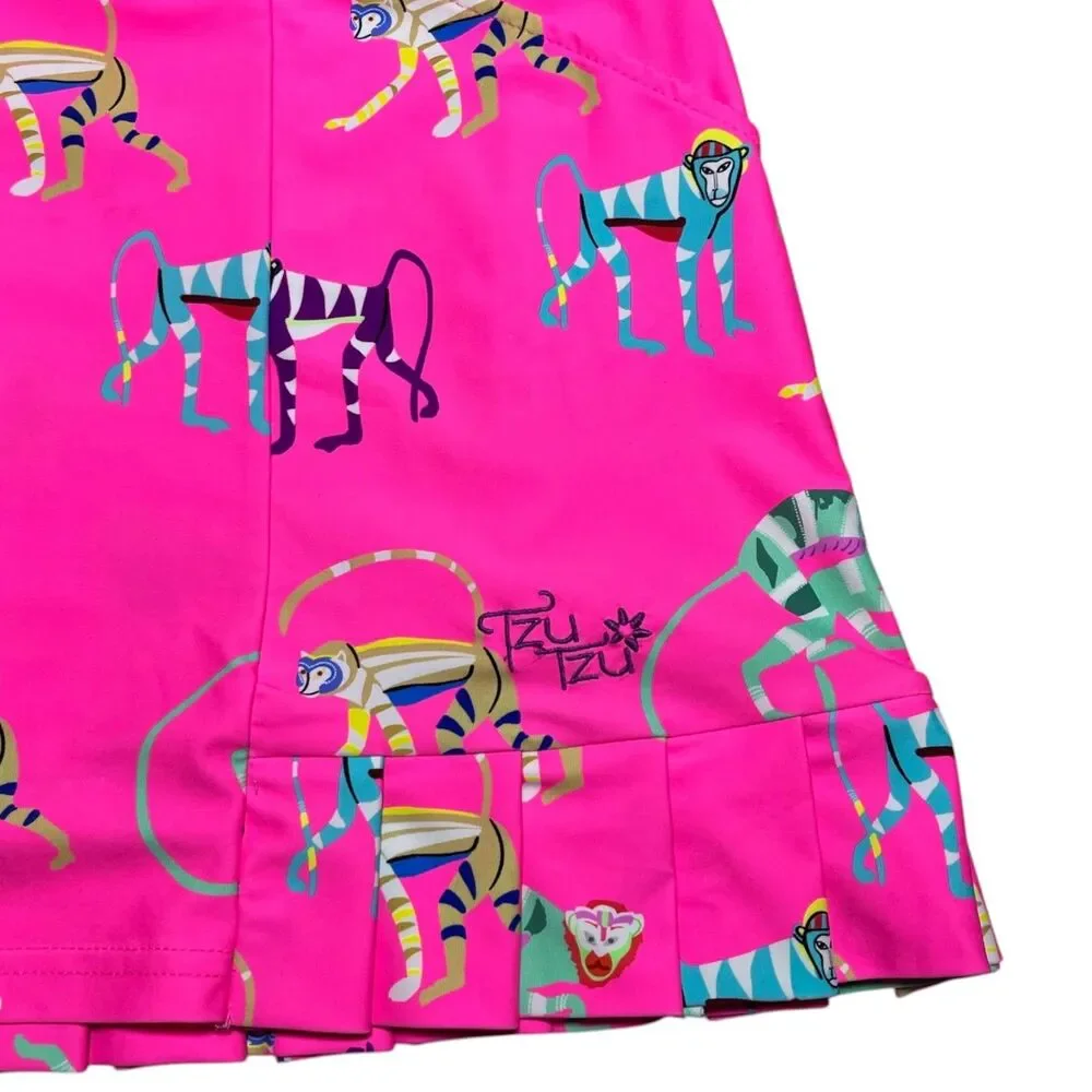 Tzu Tzu Kenley Golf Skort Women L Pink Monkey Print Pleated Athletic Tennis